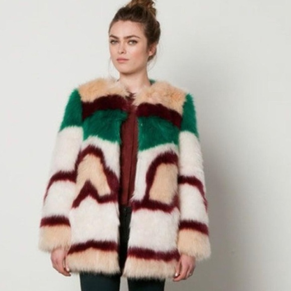MAISON SCOTCH & Soda Faux Fur Colorful Coat Sz OS S M Winter Festival Concert - Picture 2 of 16